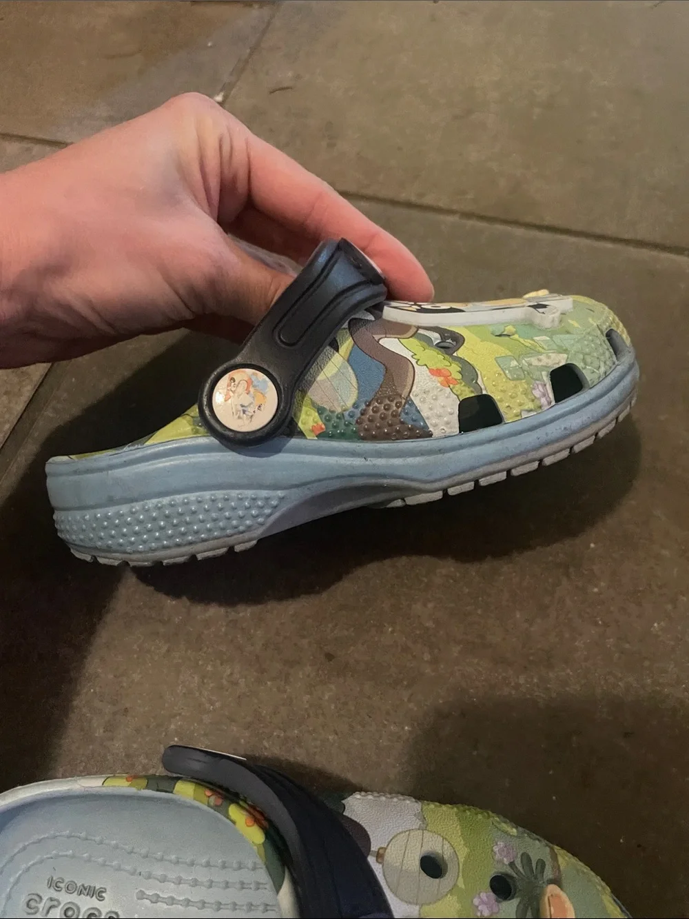 CROCS Kids Clog in Green with Navy Strap and Multicolor Characters